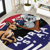 Round koala and kangaroo cartoon rug with Australian flag colors on a dark base