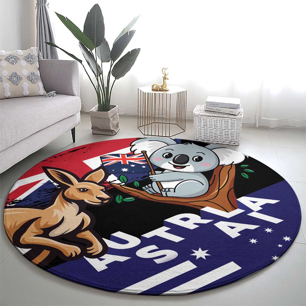 Round koala and kangaroo cartoon rug with Australian flag accents and large text