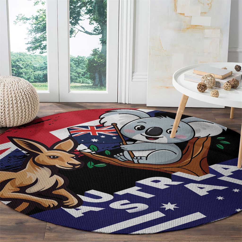 Round koala and kangaroo rug with dark background, red blue accents, and white letters