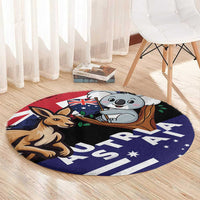 Round koala and kangaroo cartoon rug with AUSTRALIA text and Australian flag color blocks
