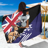 Black and navy koala and kangaroo sarong with Australia flag graphic, fringeless