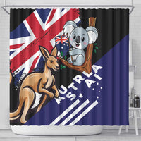 Black shower curtain with koala holding branch, kangaroo, and Australian flag backdrop
