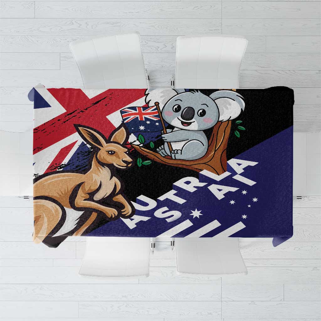 Navy cartoon kangaroo and koala tablecloth with Union Jack and stars print
