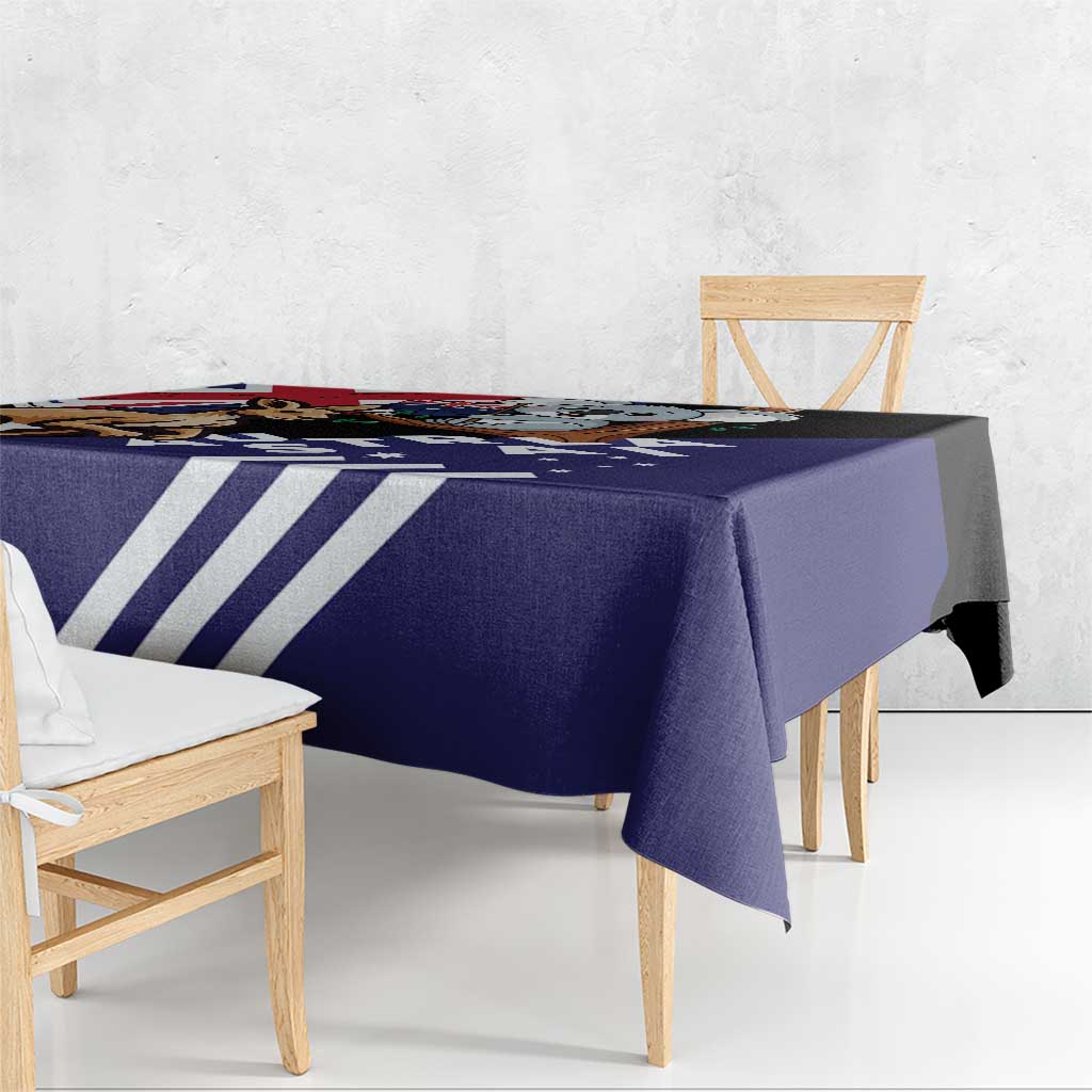 Navy and white striped tablecloth corner with koala and kangaroo artwork