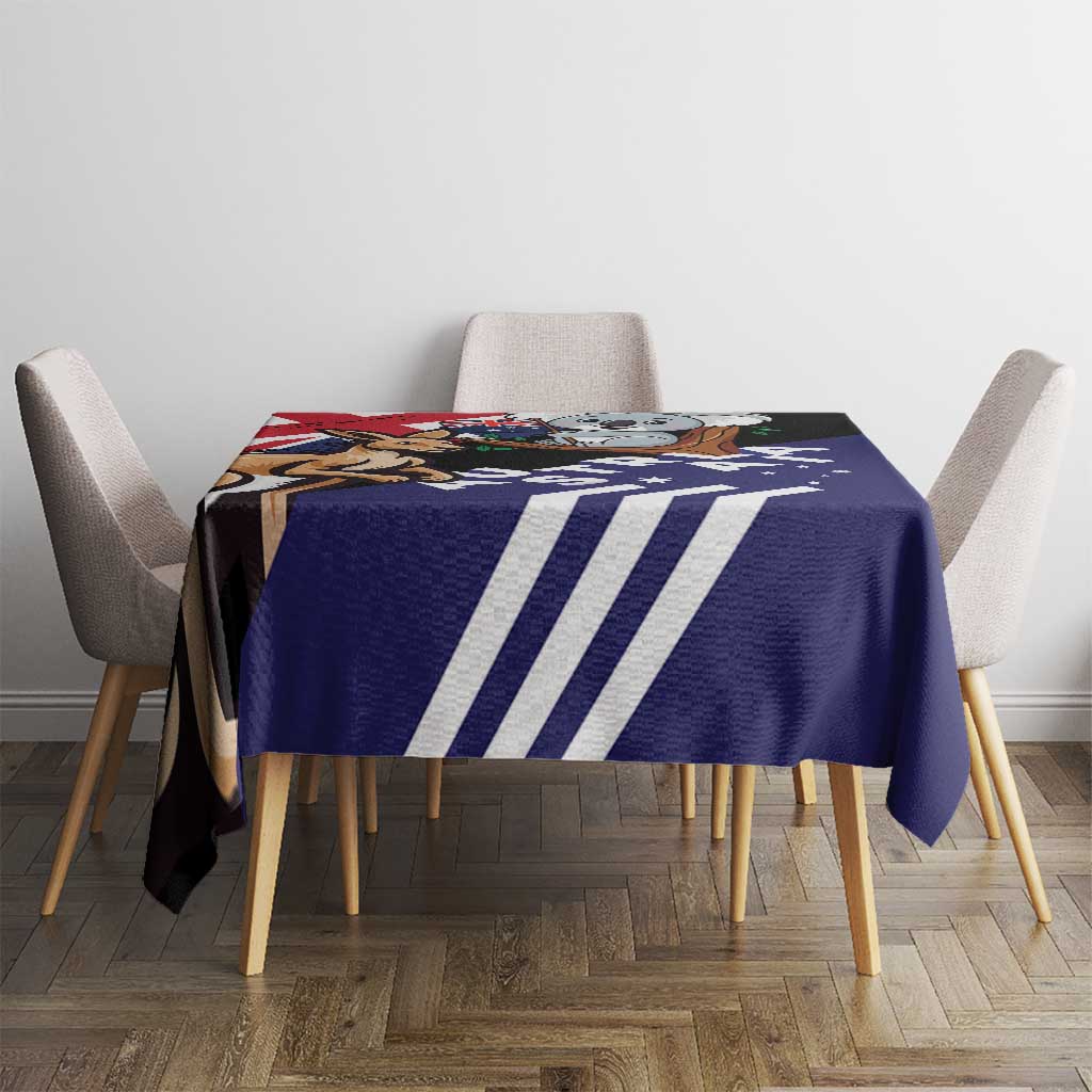 Navy tablecloth with bold white stripes and koala-kangaroo illustration on tabletop