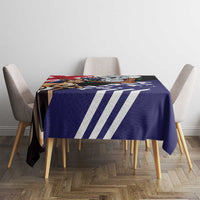Navy tablecloth with bold white stripes and koala-kangaroo illustration on tabletop