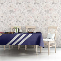 Navy tablecloth with white stripe panel and koala and kangaroo characters