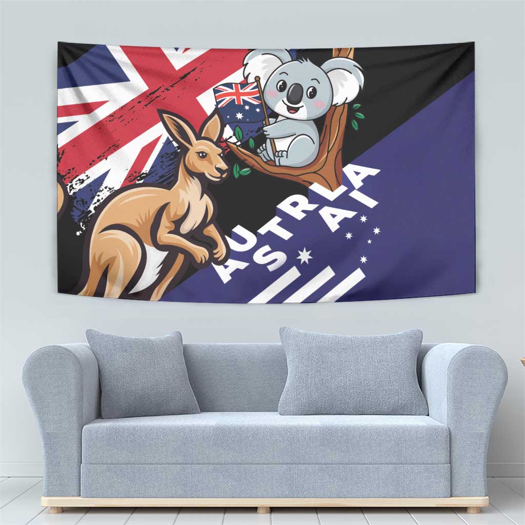 Rectangular black kangaroo and koala tapestry with Union Jack flags and AUSTRALIA text