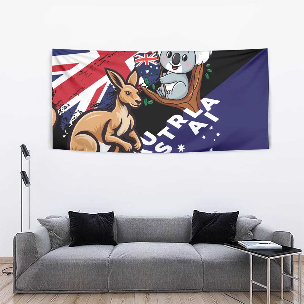 Black rectangular kangaroo and koala tapestry with AUSTRALIA lettering and diagonal stripes