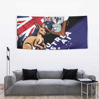 Black rectangular kangaroo and koala tapestry with AUSTRALIA lettering and diagonal stripes
