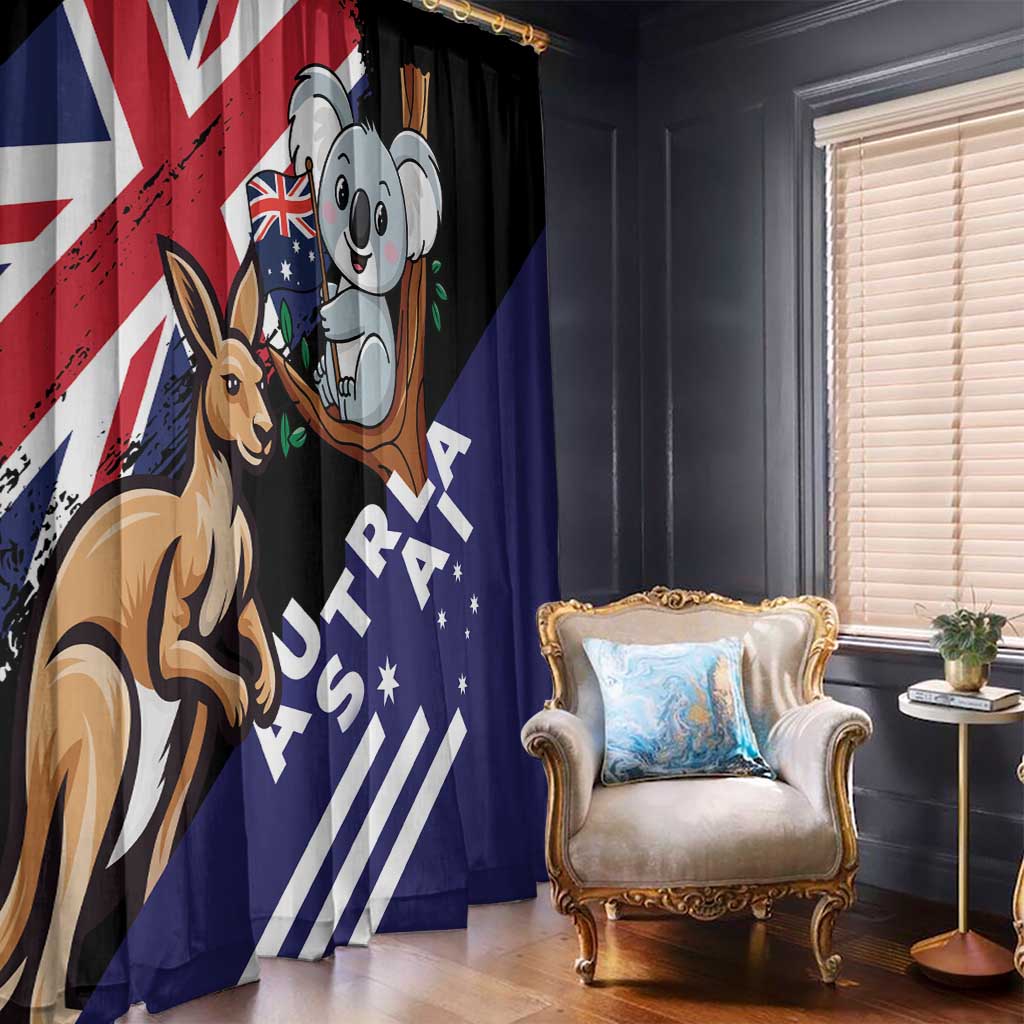 Window curtain panel with kangaroo and koala cartoon on dark blue and black