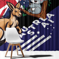 Window curtain close-up with kangaroo and koala illustrations on dark blue