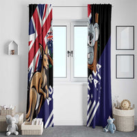 Window curtain set with kangaroo and koala artwork, black and blue sections