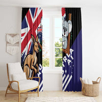 Window curtain panels with kangaroo and koala characters on blue and dark fabric