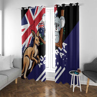 Window curtain panels with kangaroo and koala graphics, dark header and blue body