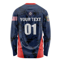Blue long-sleeve soccer shirt back with large YOUR TEXT and number 01, red hem