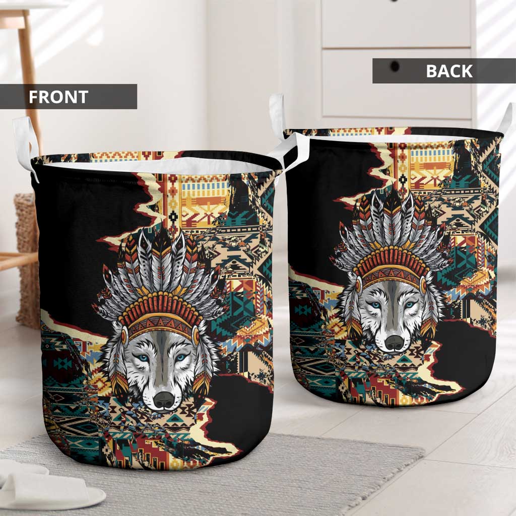 Native American Navajo Wolf Laundry Basket Grunge Pattern