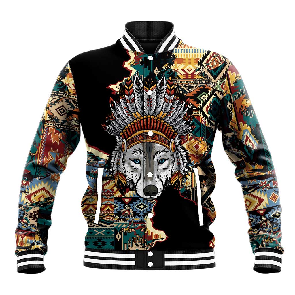 Native American Navajo Wolf Baseball Jacket Grunge Pattern