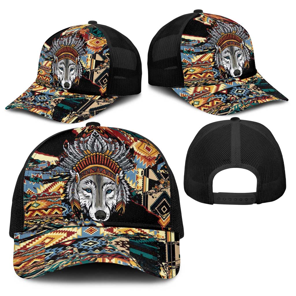 Native American Navajo Wolf Baseball Net Cap Grunge Pattern