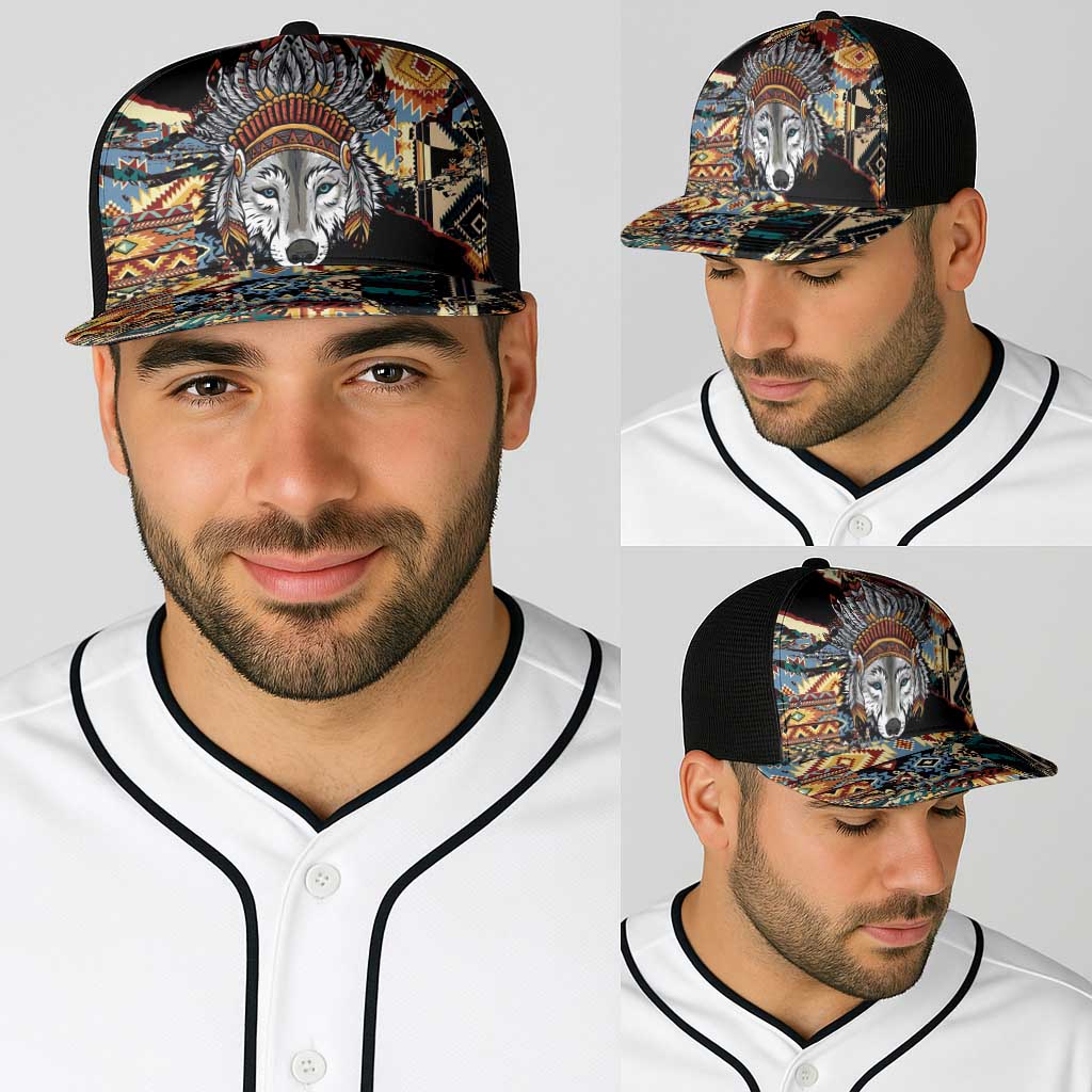 Native American Navajo Wolf Baseball Net Cap Grunge Pattern