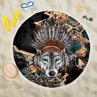 Native American Navajo Wolf Beach Blanket Grunge Pattern
