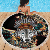 Native American Navajo Wolf Beach Blanket Grunge Pattern