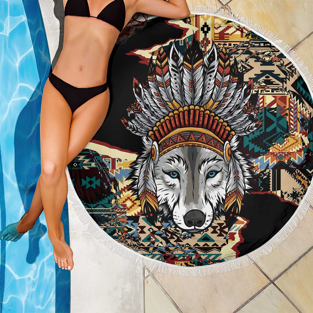 Native American Navajo Wolf Beach Blanket Grunge Pattern