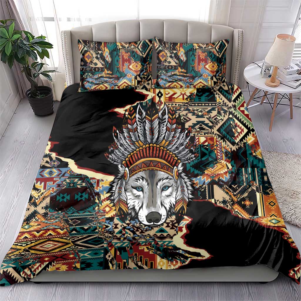 Native American Navajo Wolf Bedding Set Grunge Pattern