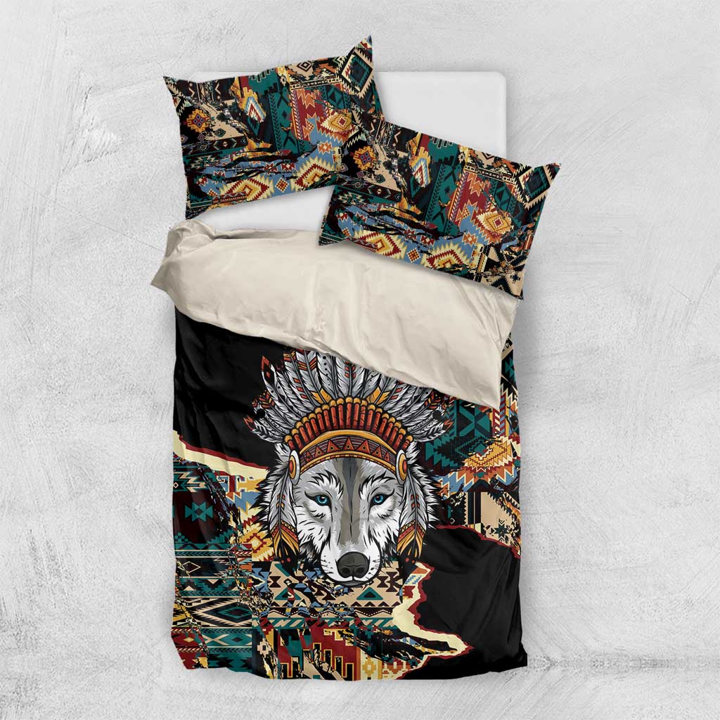 Native American Navajo Wolf Bedding Set Grunge Pattern