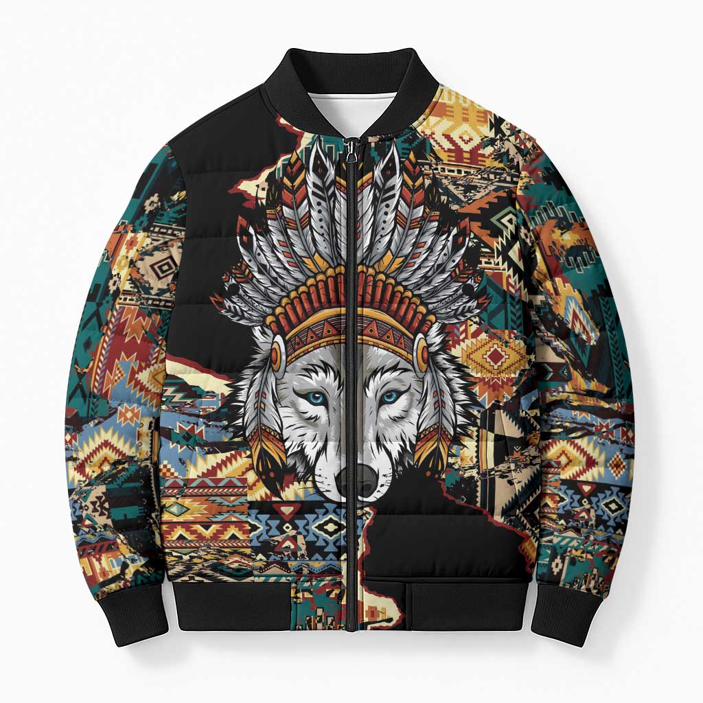 Native American Navajo Wolf Bomber Puffer Jacket Grunge Pattern