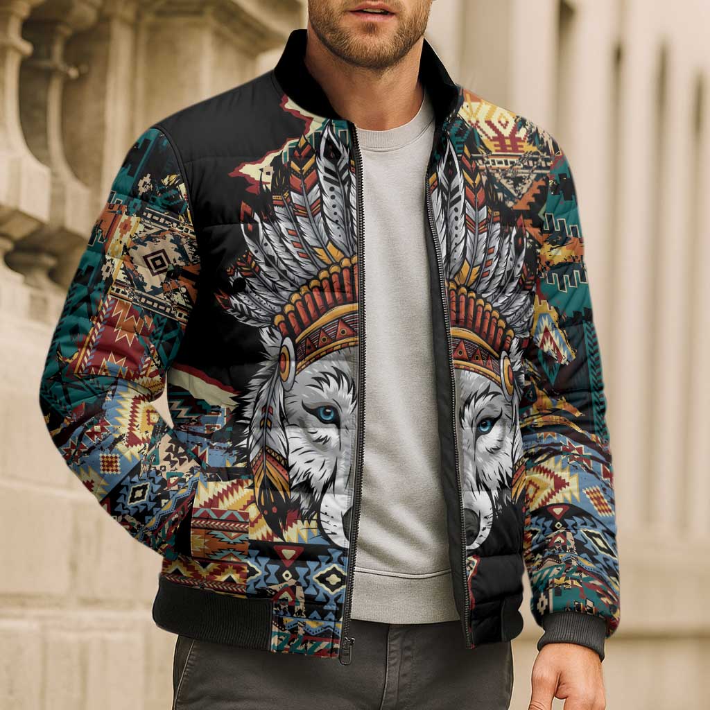 Native American Navajo Wolf Bomber Puffer Jacket Grunge Pattern