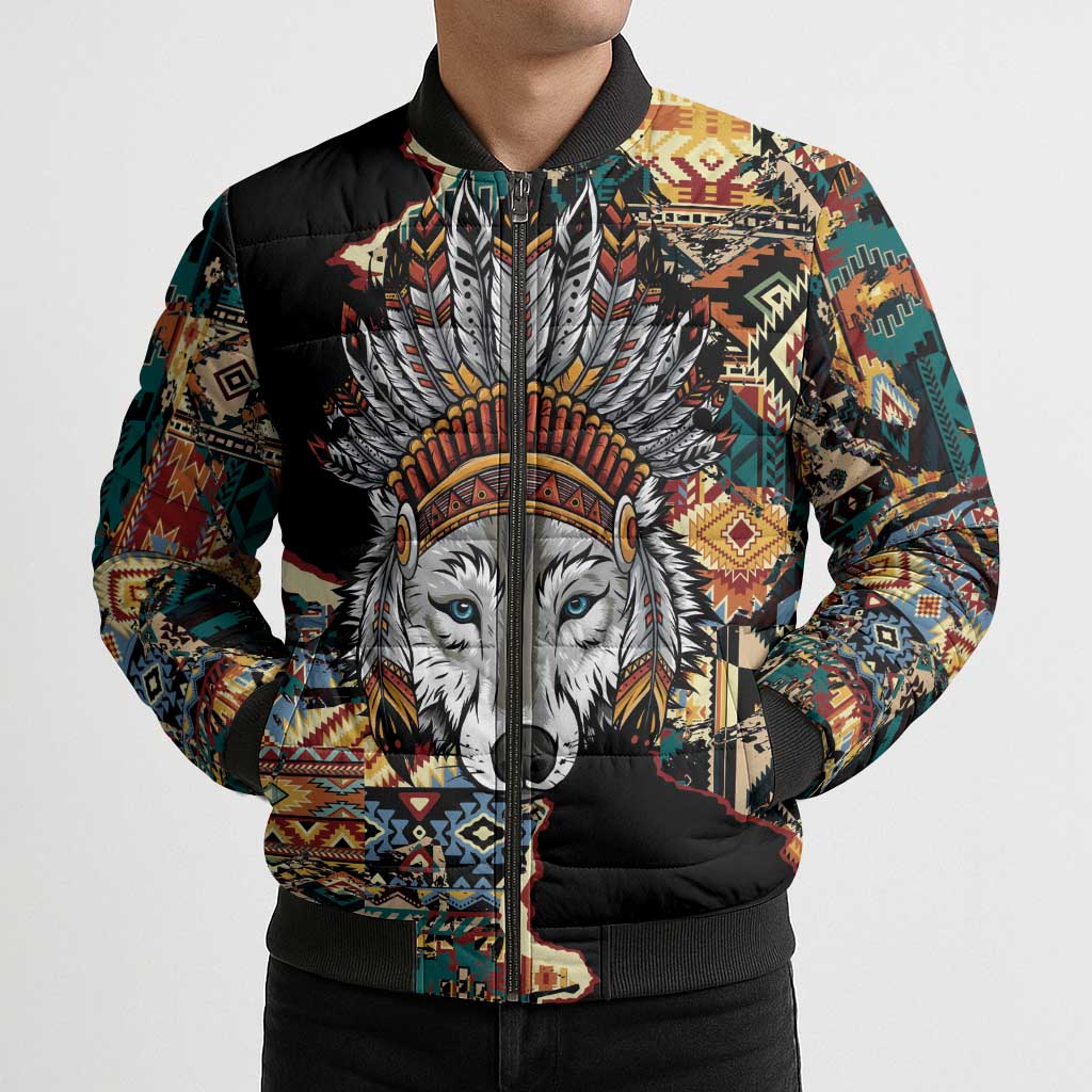 Native American Navajo Wolf Bomber Puffer Jacket Grunge Pattern