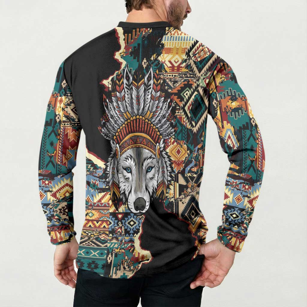 Native American Navajo Wolf Button Sweatshirt Grunge Pattern