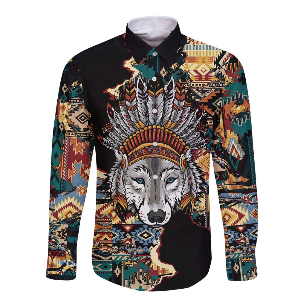 Native American Navajo Wolf Long Sleeve Button Shirt Grunge Pattern