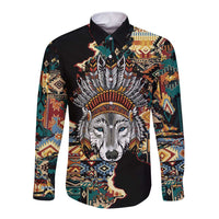 Native American Navajo Wolf Long Sleeve Button Shirt Grunge Pattern