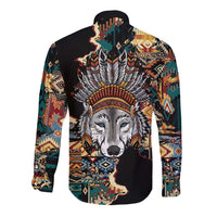 Native American Navajo Wolf Long Sleeve Button Shirt Grunge Pattern