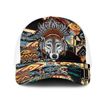 Native American Navajo Wolf Mesh Trucker Cap Grunge Pattern