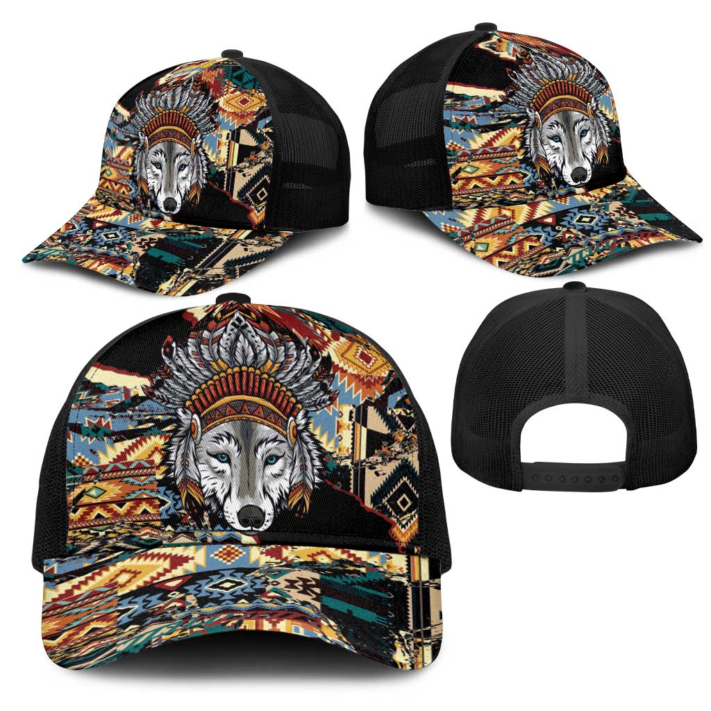 Native American Navajo Wolf Mesh Trucker Cap Grunge Pattern