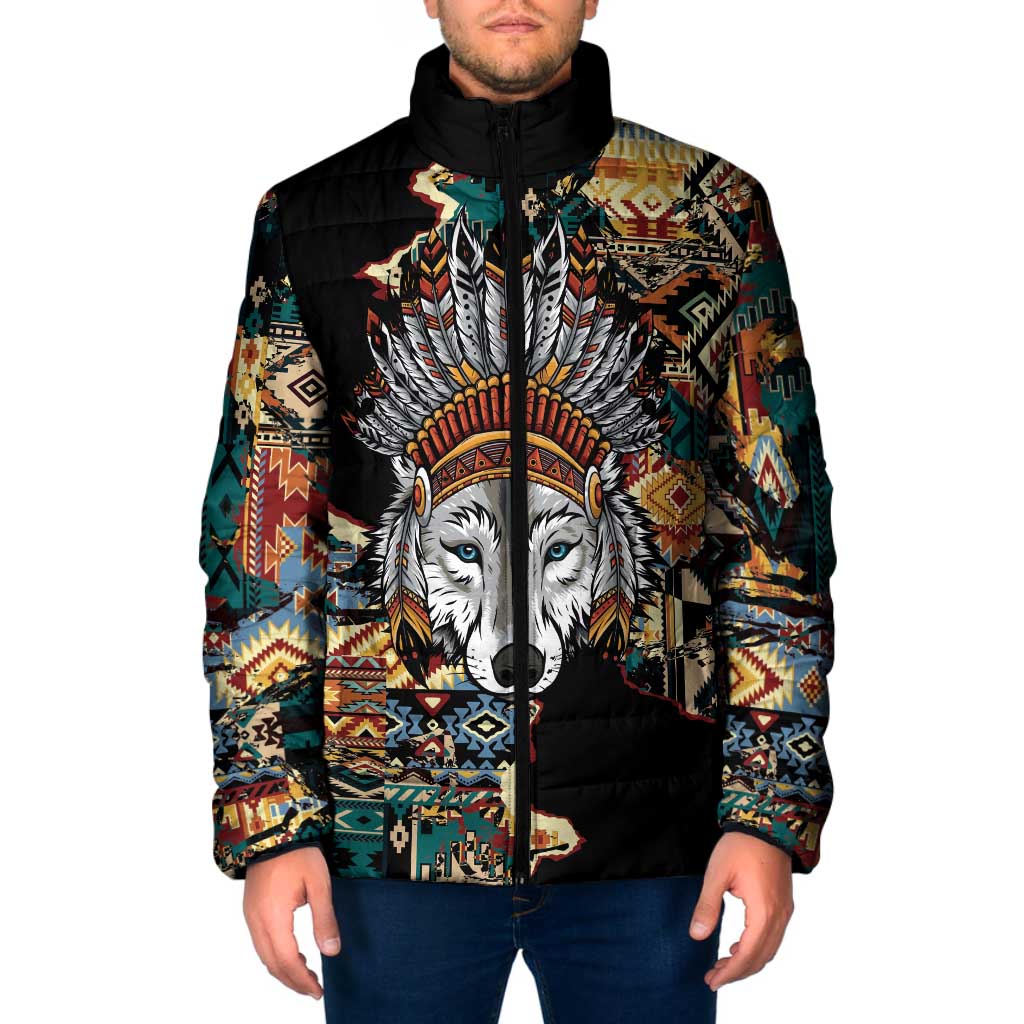 Native American Navajo Wolf Padded Jacket Grunge Pattern