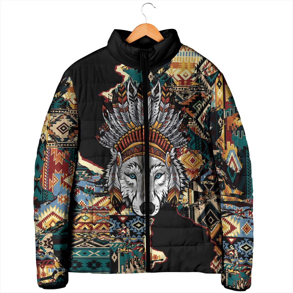 Native American Navajo Wolf Padded Jacket Grunge Pattern