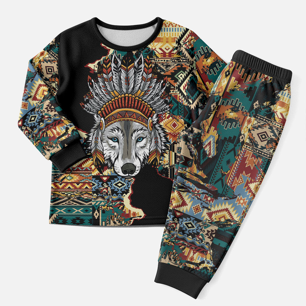 Native American Navajo Wolf Christmas Pajama Set Grunge Pattern