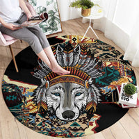 Native American Navajo Wolf Round Carpet Grunge Pattern