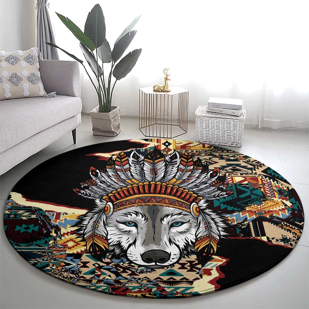 Native American Navajo Wolf Round Carpet Grunge Pattern