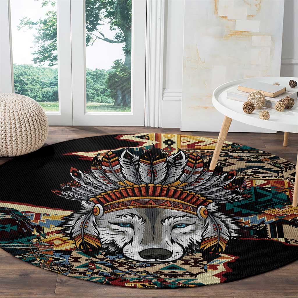 Native American Navajo Wolf Round Carpet Grunge Pattern