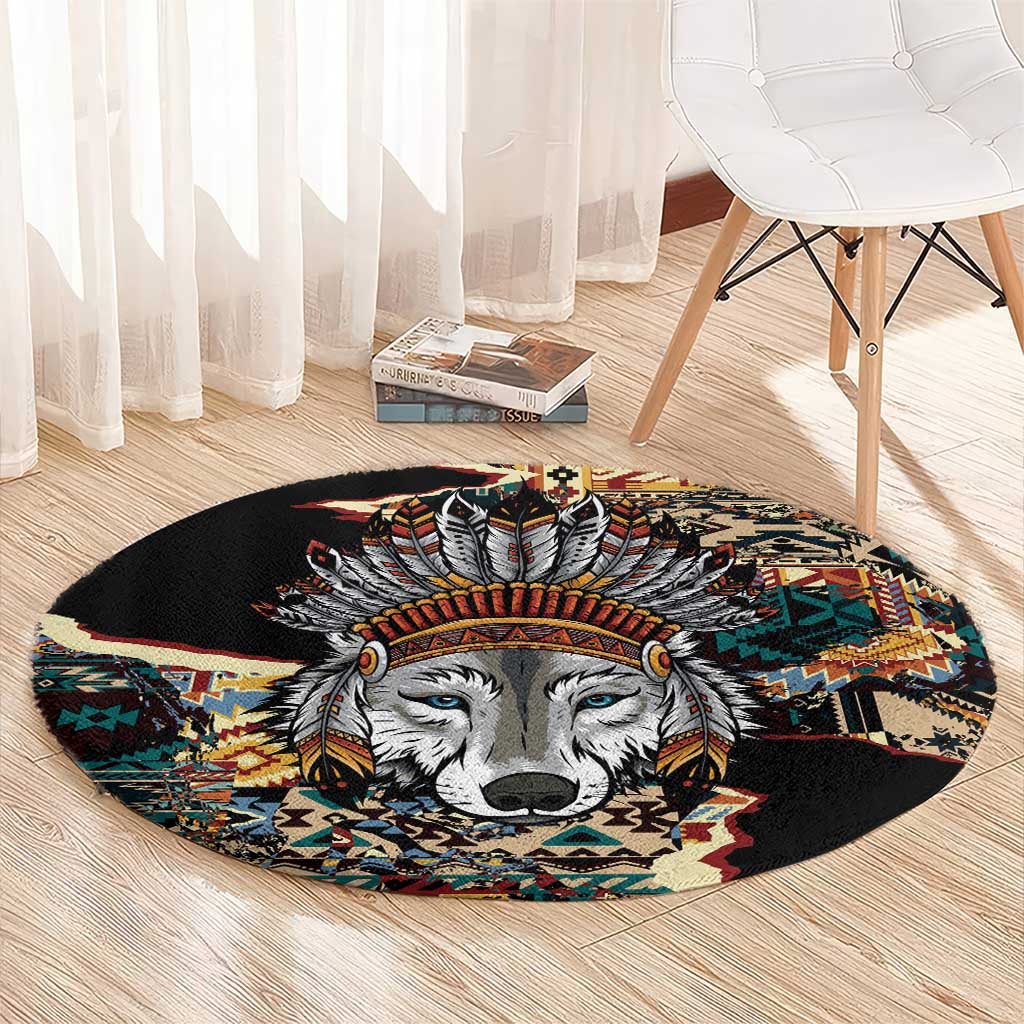 Native American Navajo Wolf Round Carpet Grunge Pattern