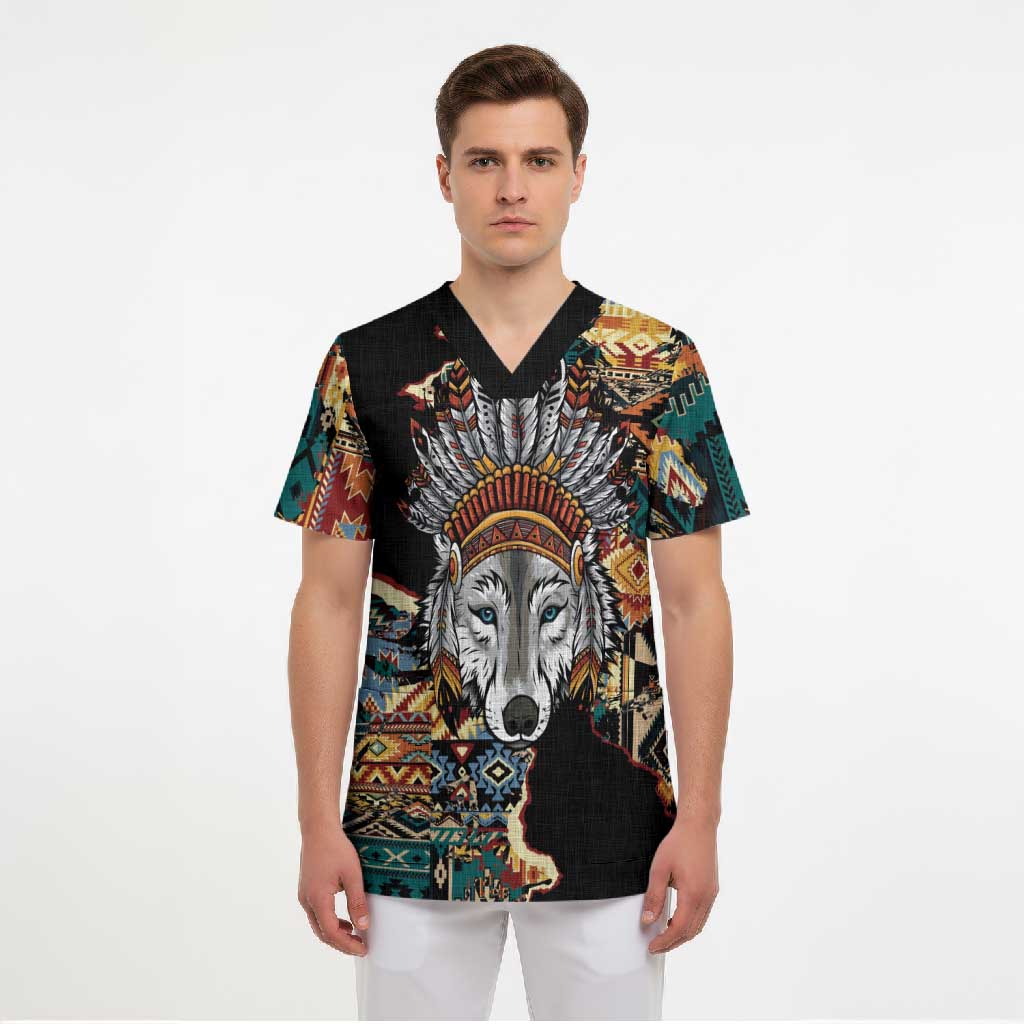 Native American Navajo Wolf Scrub Top Grunge Pattern