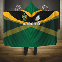 Jamaica hooded blanket in green, black and yellow with hood and bold stripe graphics