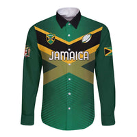 Green long-sleeve rugby button shirt with Jamaica chest print and crest