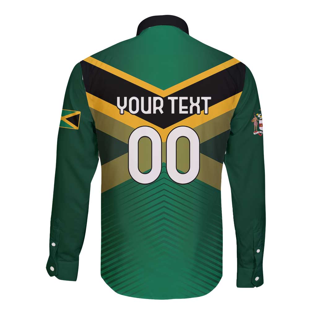 Green long-sleeve rugby button shirt with back YOUR TEXT and large 00 numbers