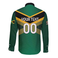 Green long-sleeve rugby button shirt with back YOUR TEXT and large 00 numbers